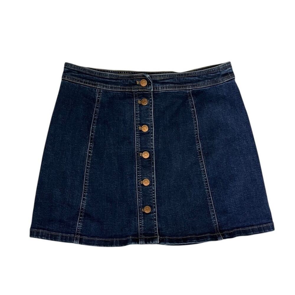 Madewell Denim Mini Skirt Button Front A-Line Stretch Dark Wash Size 12